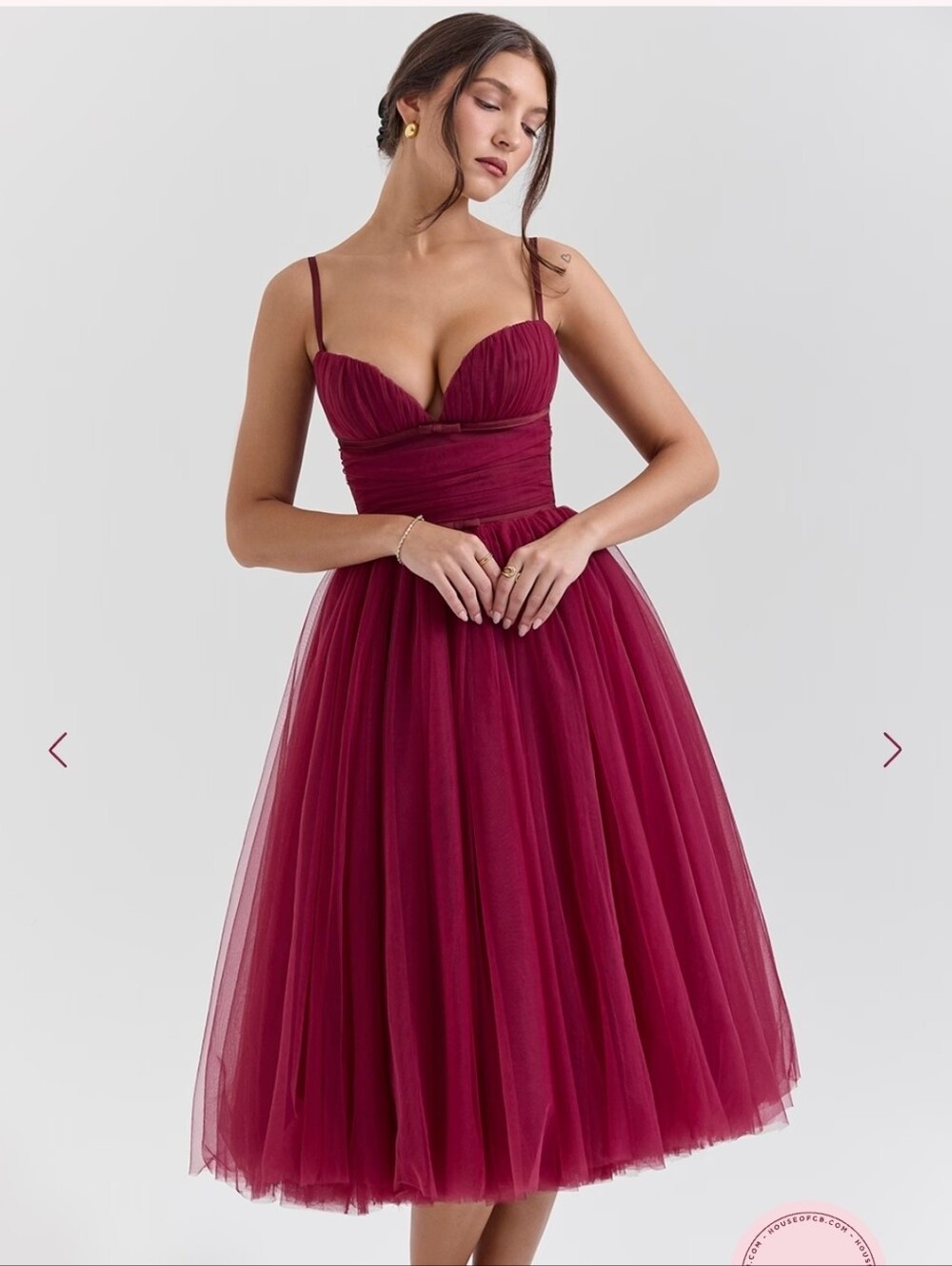 Strapless Tulle Midi Dress in Deep Raspberry